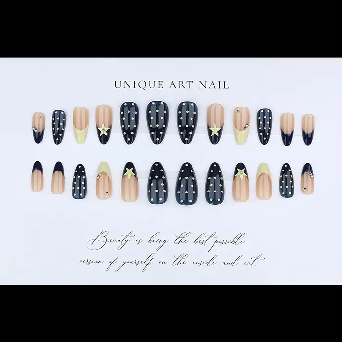 Faux ongles français jaunes à pression bleue et amande, 24 pièces, étoile à cinq branches/à pois imp