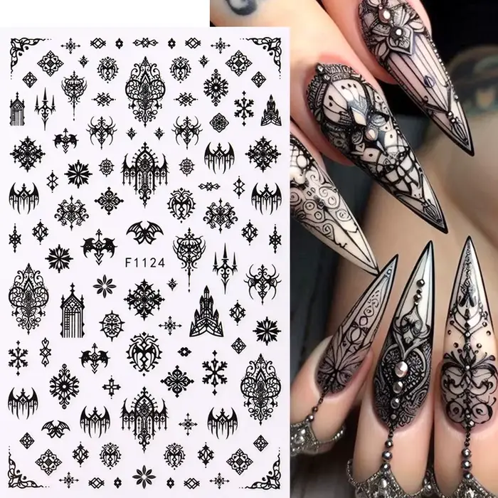 Autocollant gothique noir pour ongles, modèles élégants de mariage, feuilles adhésives effrayantes p