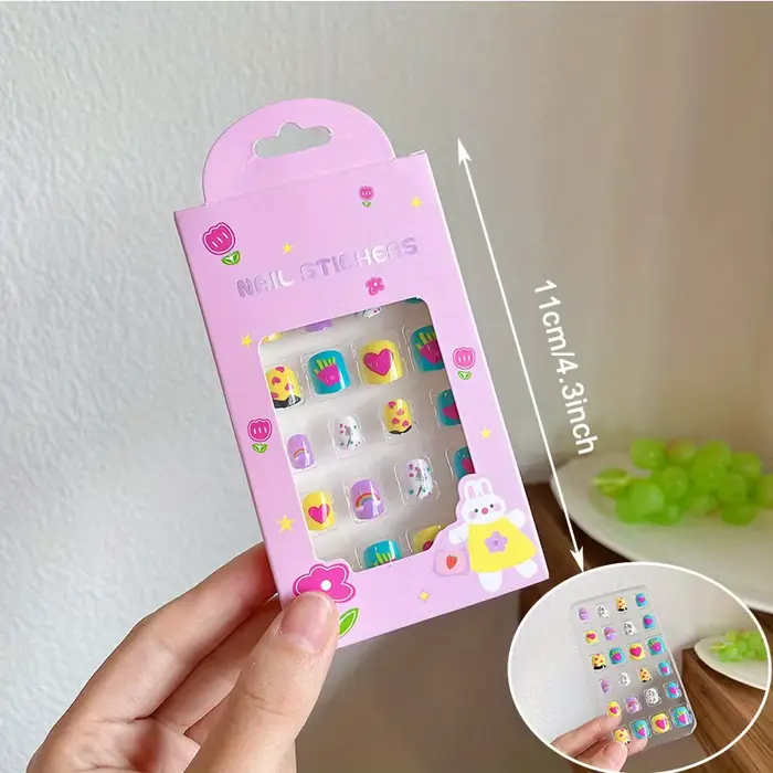 24 pièces/boîte enfants dessin animé ongles conseils coloré mignon fille faux