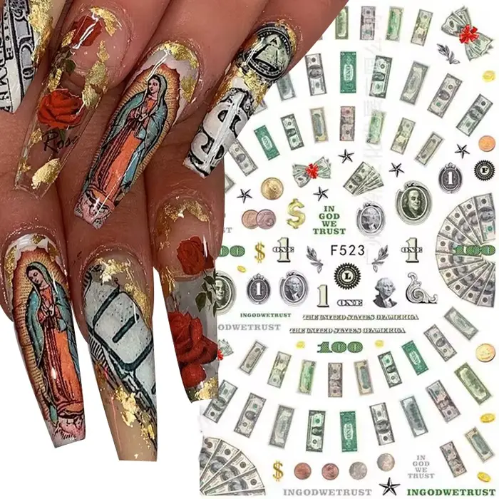Autocollants 3D en forme de Dollar d'argent pour Nail Art