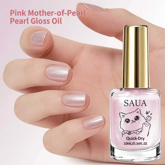 Vernis à ongles nacré rose ; séchage rapide, pas de lampe nécessaire, formule longue durée ; ajoute une brillance nacrée et illumine les ongles.