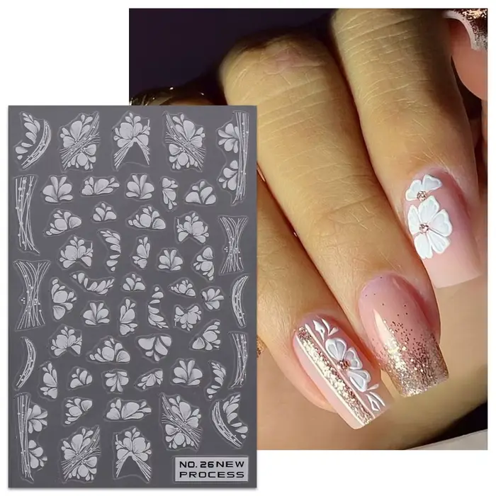 6 autocollants pour ongles à fleurs blanches fraîches de printemps