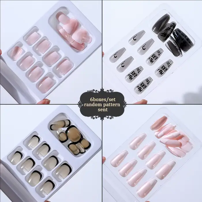 6 boîtes/144 pièces mélange aléatoire Style court rond presse sur ongles doux couverture complète dé