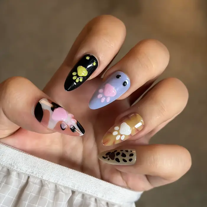24 faux ongles à presser en forme d'amande, motif patte de chat mignon, style dessin animé – Parfait