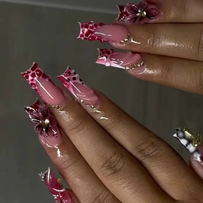 24 pièces rose imprimé léopard presse sur ongles carré faux ongles diamant Y2k faux ongles français 
