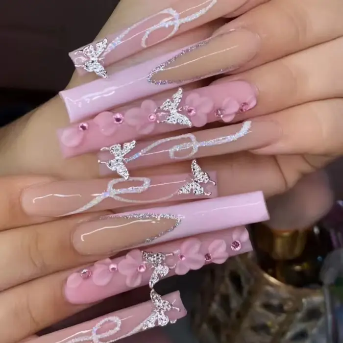 24 faux ongles à presser avec strass, motifs floraux, longs et carrés, en acrylique, style français,