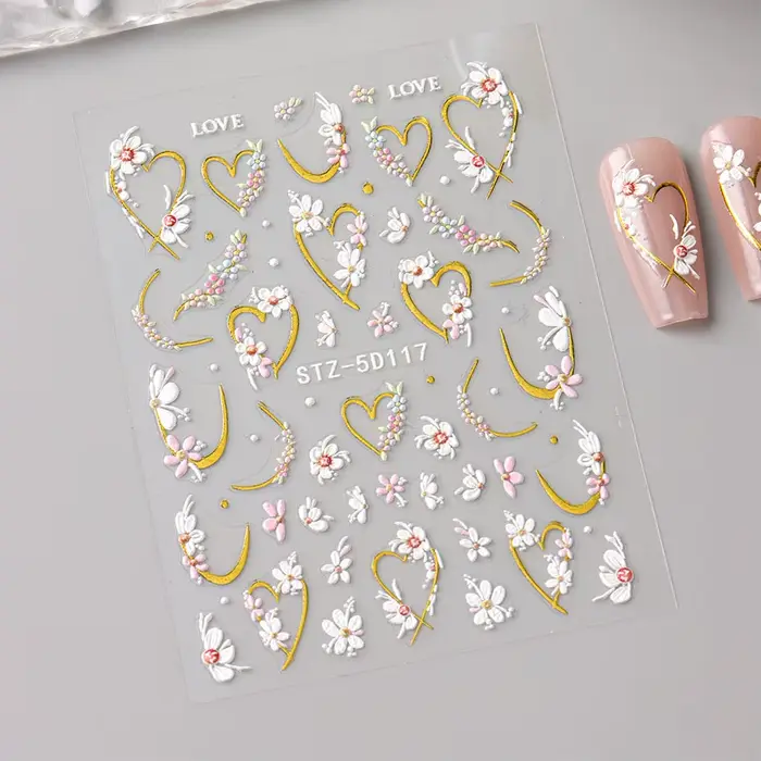 5D en relief Kawaii Floral or ligne curseurs printemps fleurs blanches ongles autocollants bricolage