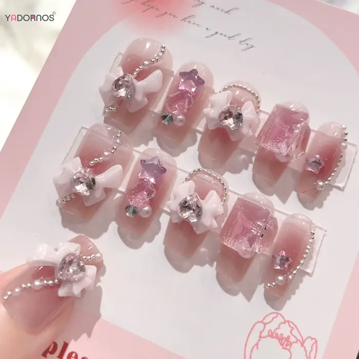 Blush rose faux ongles nœud papillon diamant perle conception 3D presse sur les pointes d'ongles avec bord lisse