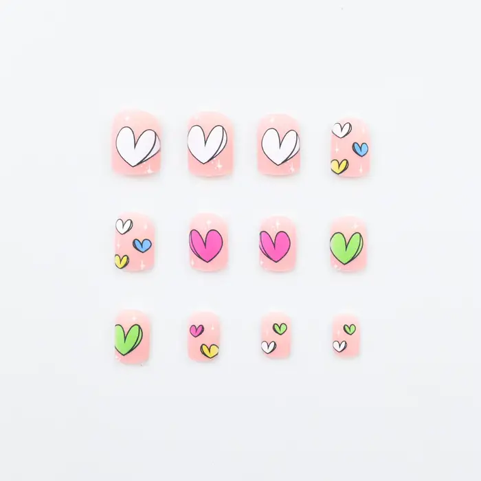 24 pièces faux ongles carrés courts mats, conception de coeur coloré couverture complète presse sur 