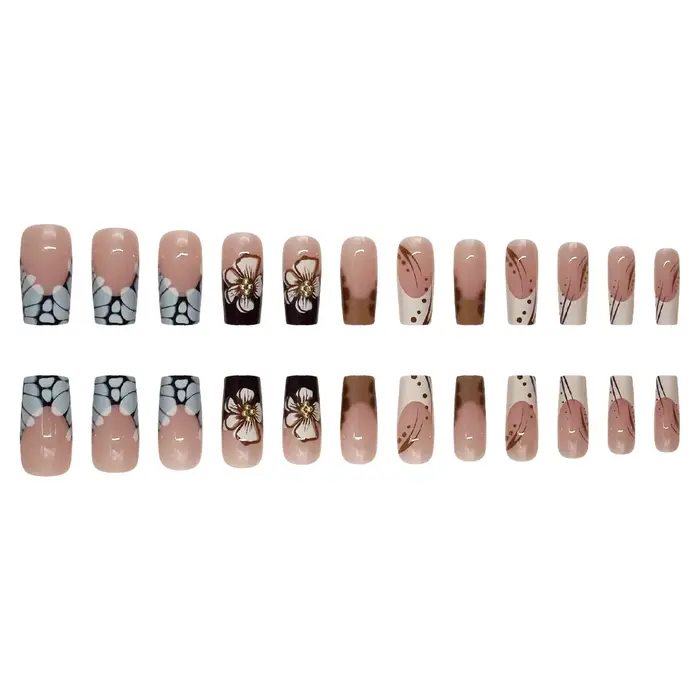 Faux ongles à pression marron carrés moyens avec motifs bâton de fleurs