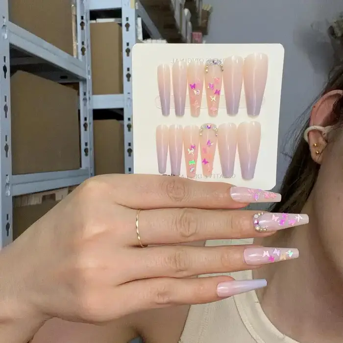 24 pièces/boîte, faux ongles floraux de style rustique français, amovibles et réutilisables, ensemble d'ongles en acrylique à presser, longs ongles artificiels de type ballet.
