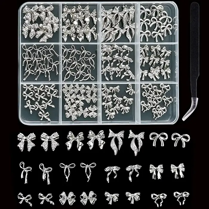 1 Boîte de Décorations d'Ongles en Alliage Lourd Multi-Styles, Série Nœuds Ruban, Décorations d'Ongl