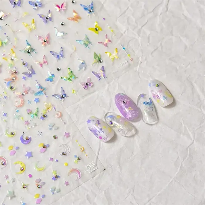 Coloré rose progressif lune étoile nuage papillon strass 5D doux en relief Relief Nail Art autocolla
