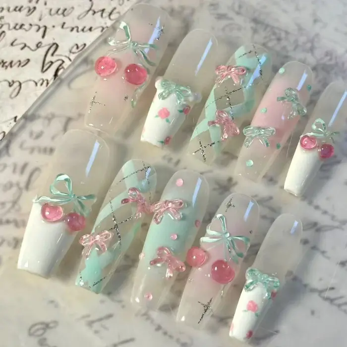 Ongles Press-On 3D Cerise Menthe Printemps-Été Faits Main Français
