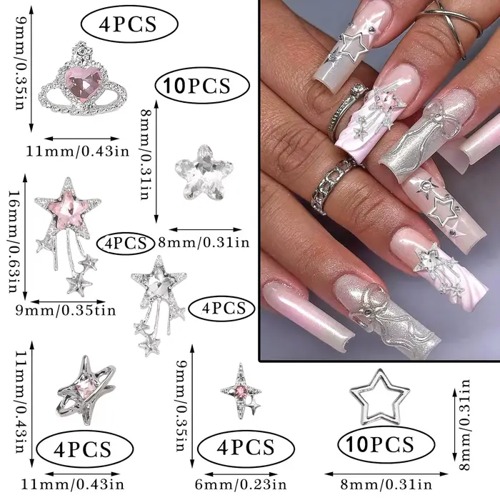 40 pièces étoile ongles breloques argent 3D étoile breloques rose ongles strass Multi Style Nail Art