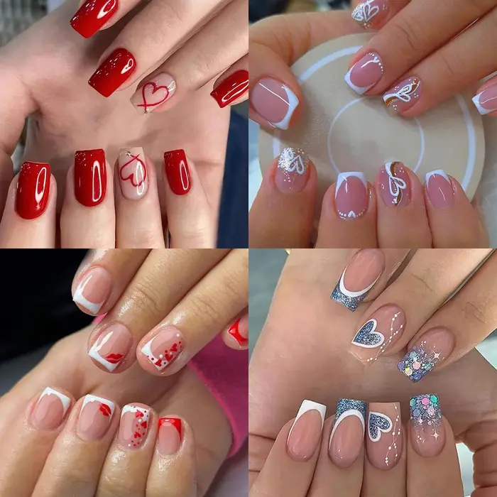 96 faux ongles courts carrés français pressés avec motif cœur