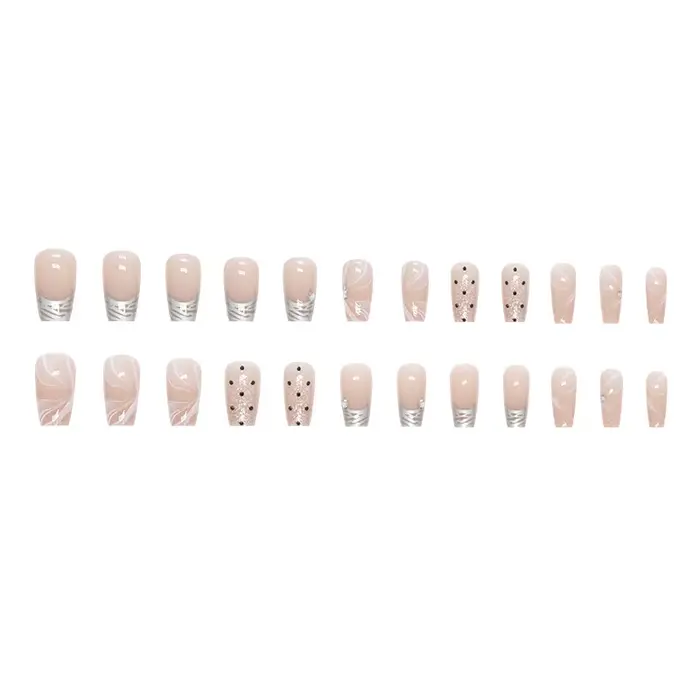 24 faux ongles argentés style français vintage