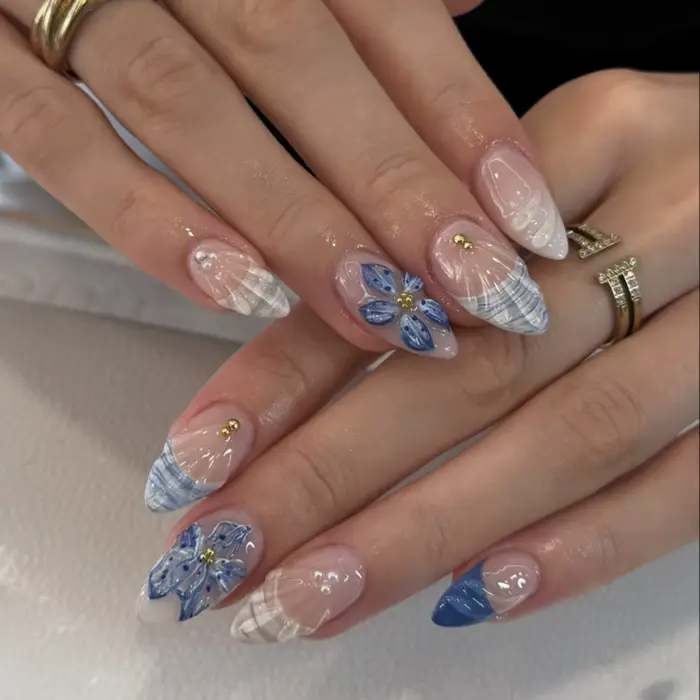 24 pièces fleur rose amande presse sur ongles Kawaii faux ongles portable ongles à coller faux ongle