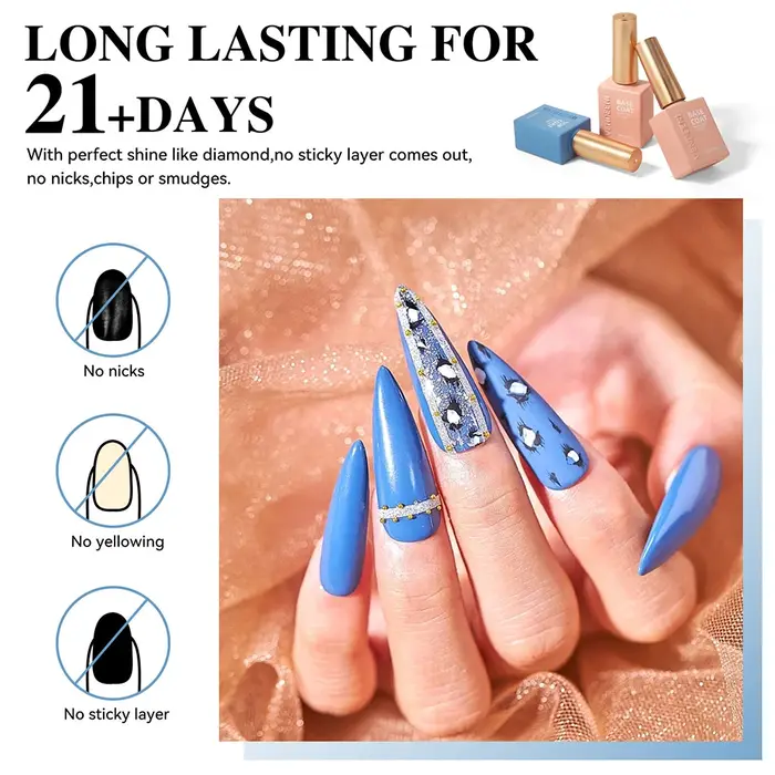 Vendeeni Top Coat Fort Sans Résidu à Haute Luminosité, Base Coat, Vernis à Ongles en Gel UV, Vernis Gel Durable, Top Coat Résistant aux Rayures