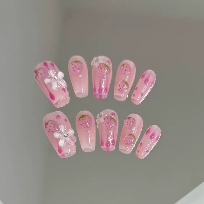 10 pièces à la main fruits d'été faux ongles avec outils 3d citron dessin animé fraise réaliste faux