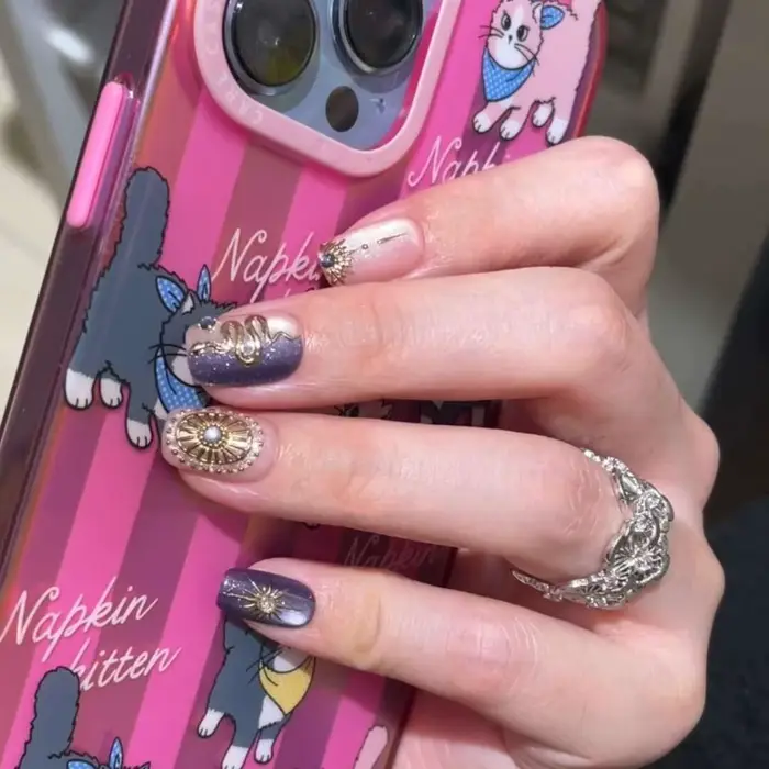 10 pièces presse à la main sur les ongles violet clignotant miroir magique avec diamants couverture 