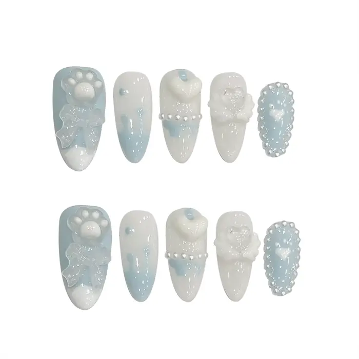 Faux Ongles à Pression Fait à la Main, Design de Patte d'Ours Mignon, Bleu Clair, Couverture Complèt