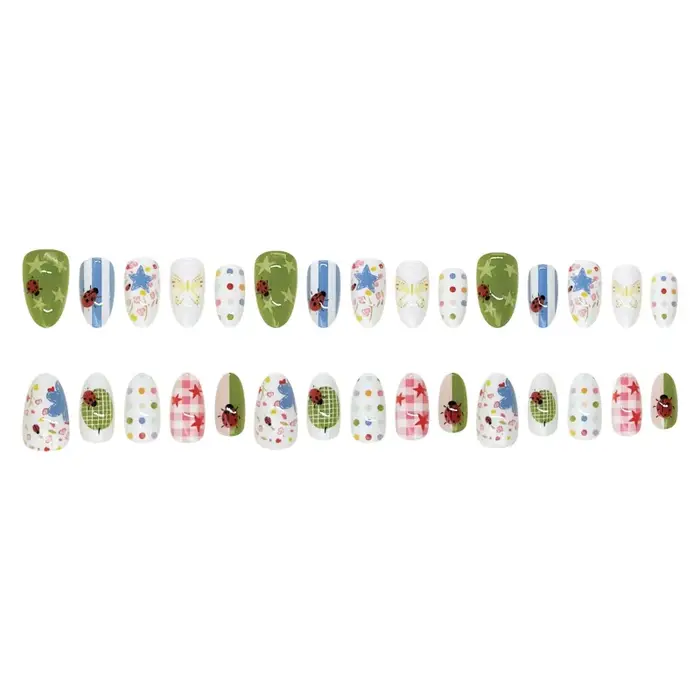24 faux ongles courts en amande à motifs floraux doux, pois colorés, étoiles et rayures, style français, prêts à poser