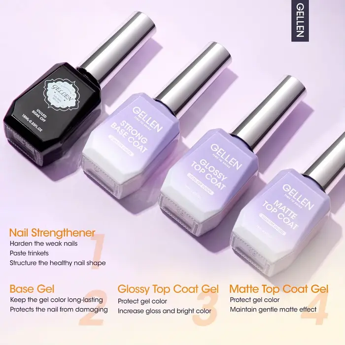 GELLEN Kit de Gel Professionnel pour Nail Art 18ml 4 Pièces Base Top Coat Transparent Renforçateur Vernis Soak Off Manucure DIY Longue Durée