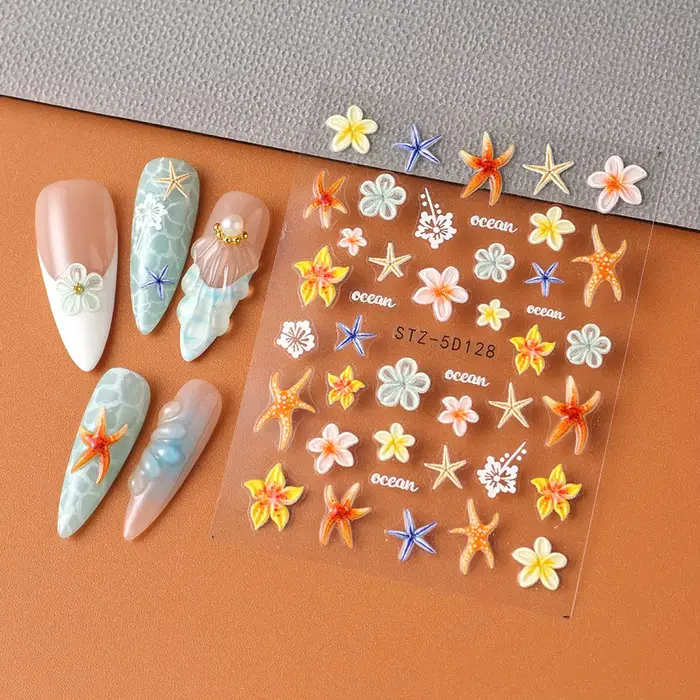 Autocollants pour ongles étoile de mer Kawaii, 2 pièces, autocollants floraux 3D pour Nail Art, auto