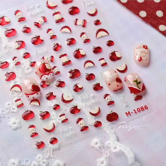 Autocollant 5D pour ongles en forme de pomme rouge, motif dessin animé, tranche de pomme, fruit mignon, décoration auto-adhésive, manucure, décalcomanie DIY