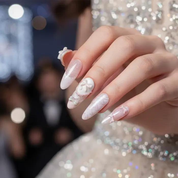 Faux ongles rose poudré avec nœud
