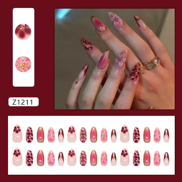 30 pièces fleurs rouges imprimé presse sur ongles français amande rose Blush faux