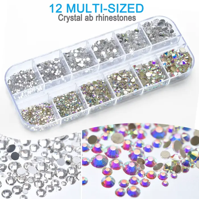 Kit de strass pour Nail Art, pierres précieuses en verre AB à dos plat, avec 1 boîte d'organisation