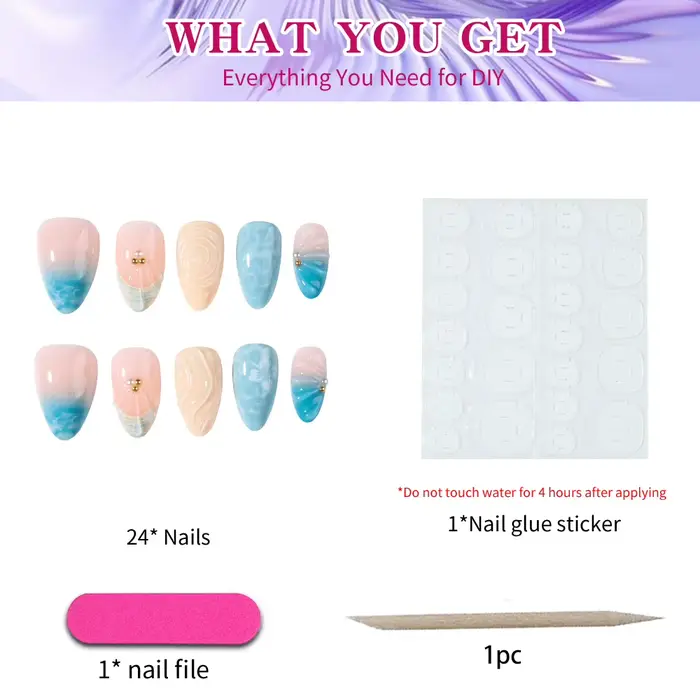 24 pièces par ensemble. Faux ongles courts en gel 3D en forme d'amande