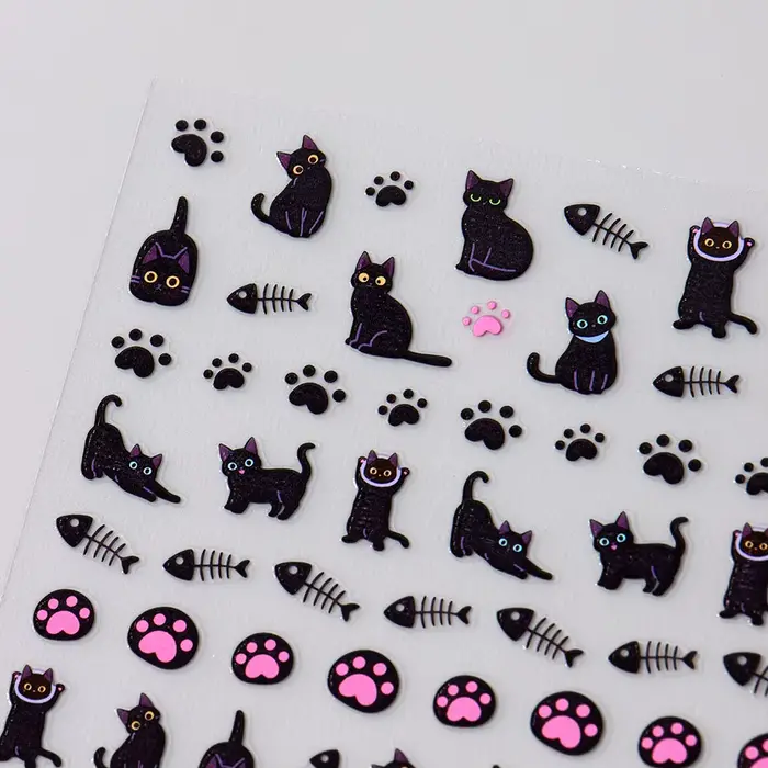Autocollant pour ongles motif chat noir Kawaii, décalcomanies à faire soi-même, motif griffe rose, j