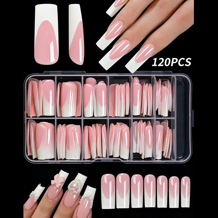 120 pièces par boîte d'ongles artificiels de style français rose clair, 120 faux ongles brillants en