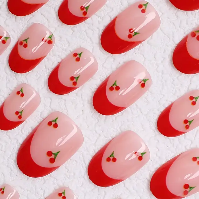 24 pièces mis à niveau votre look avec un ensemble de faux ongles cerise amande à bords rouges 1 lim