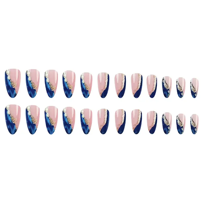 Faux ongles roses et bleus avec feuille d'or
