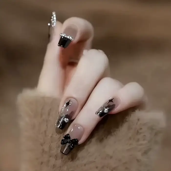 24 pièces/1 boîte vent foncé dégradé Long blanc arc ongles Patch faux ongles