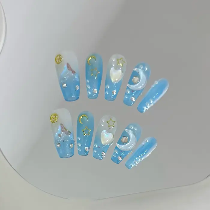 Faux ongles bleus dégradés pour fille et femme, presse faite à la main, patchs portables, style doux
