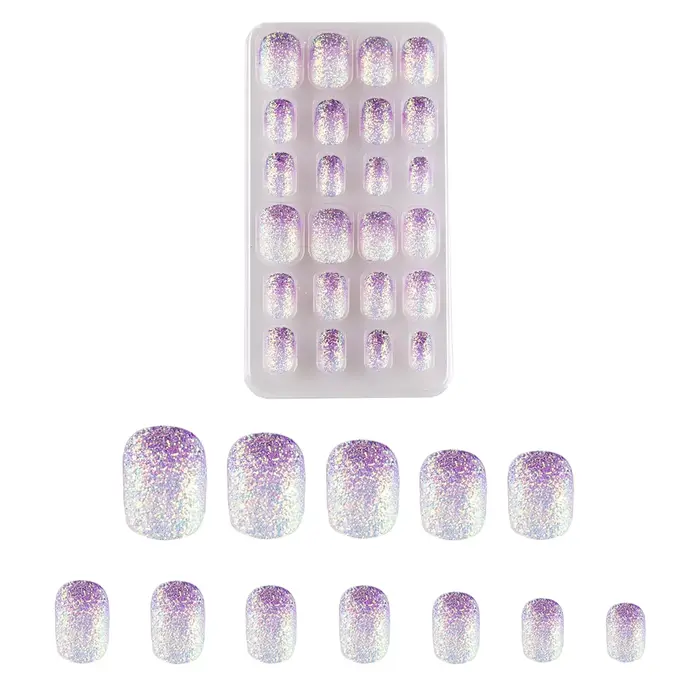 24 pièces violet paillettes enfants presse sur ongles pré-colle