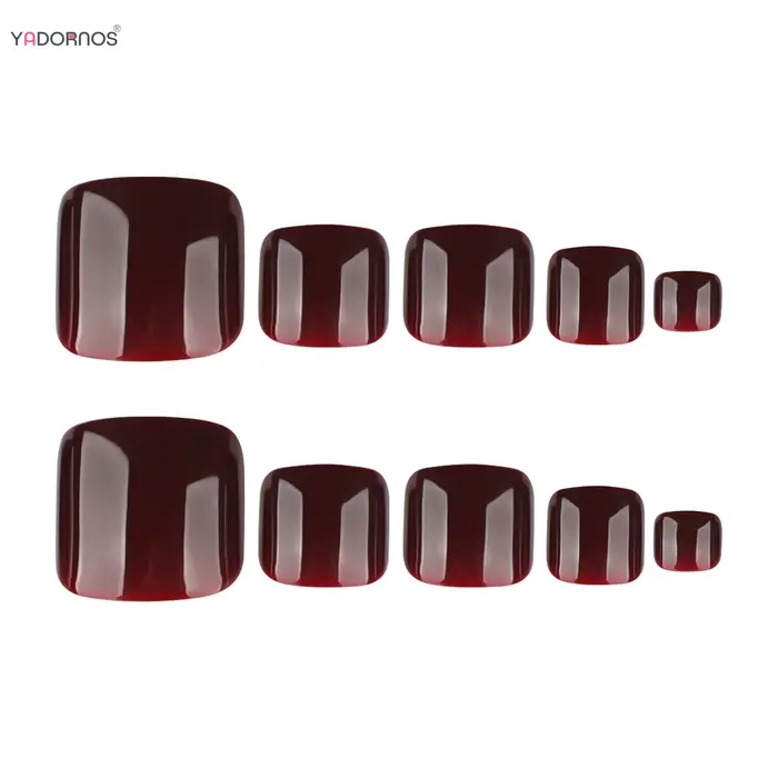 24 faux ongles de pied couleur rouge bordeaux