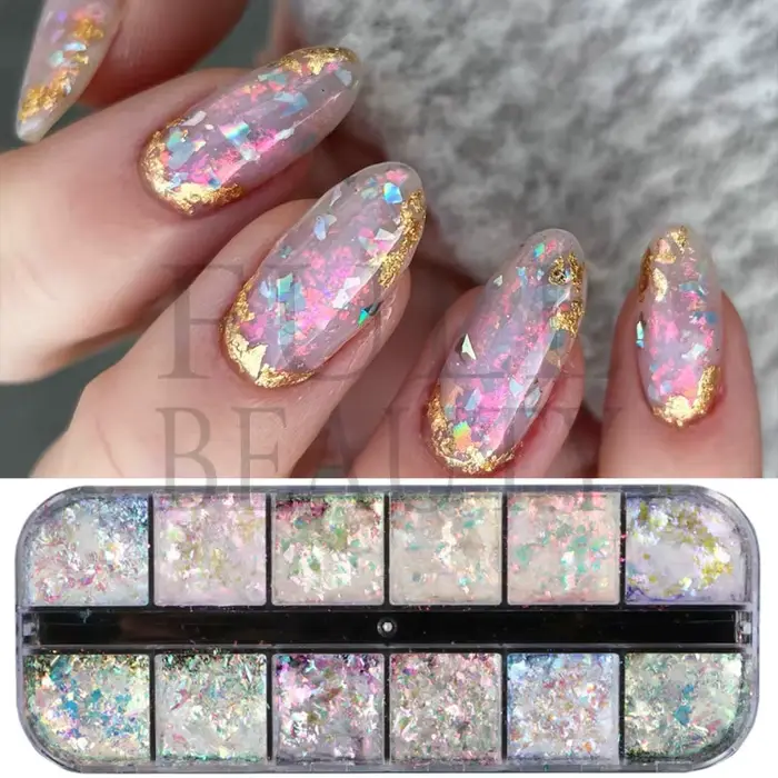 12 grilles irisées pour ongles, aurore, paillettes de cristal, flocons de feu, holographiques scinti