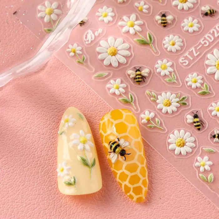 Autocollants pour ongles floraux adorables avec motif abeilles