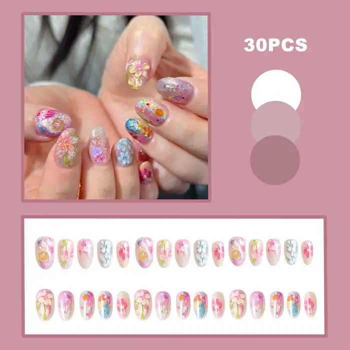 24/30 faux ongles à presser, motif floral aquarelle, courts et ovales, pour femmes, décoration florale printemps-été