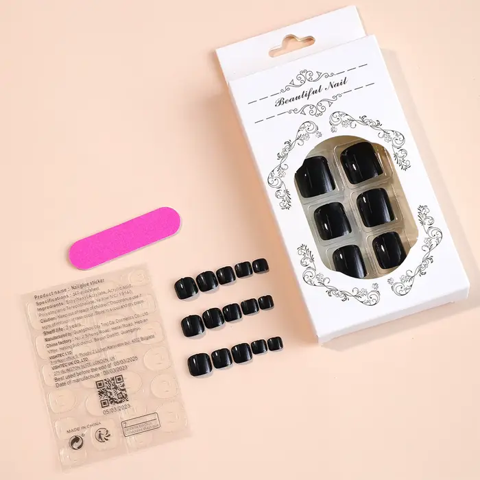 Faux ongles noirs brillants, couleur unie, couverture complète, Patch carré à pression pour filles e