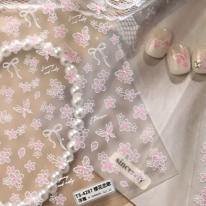 Autocollants 5D pour ongles « Chanson d'amour aux fleurs de cerisier » – Dégradé rose et blanc japonais