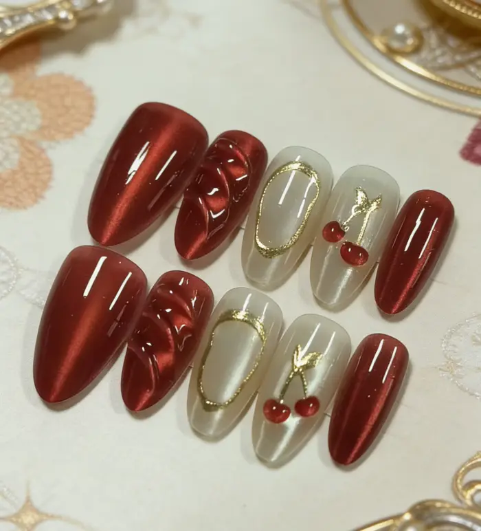 10 pièces d'ongles en forme d'amande pressés à la main, magnifiques ongles artificiels, couleur ceri