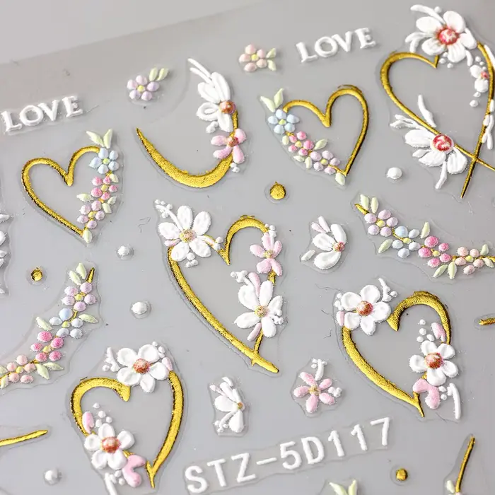 5D en relief Kawaii Floral or ligne curseurs printemps fleurs blanches ongles autocollants bricolage