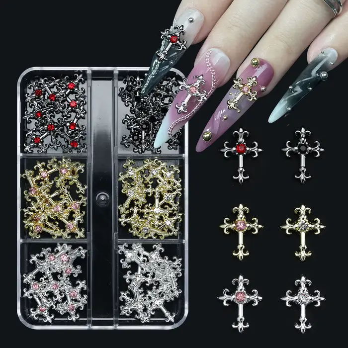 Strass en alliage rétro intégrés en zircon pour nail art, croix 3d Y2K, style gothique punk en métal
